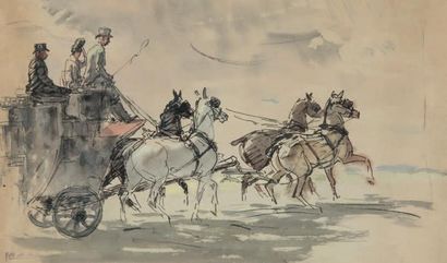Pierre DUBAUT (1886 - 1968) Diligence à quatre chevaux
Encre et lavis sur papier....