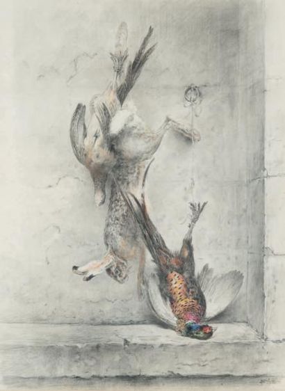 XAVIER DE PORET (1894 - 1975) Nature morte au lièvre et faisans
Fusain aquarellé...