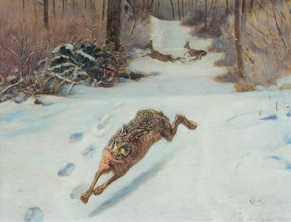 ÉDOUARD PAUL MÉRITE (1867 - 1941) Lièvre dans la neige
Huile sur panneau. Monogramme...
