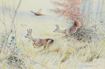 ÉDOUARD PAUL MÉRITE (1867 - 1941) La battue aux chevreuils
Paire d'aquarelles sur...