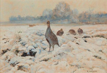 ÉDOUARD PAUL MÉRITE (1867 - 1941) Perdrix et lièvre dans la neige
Huile sur carton...
