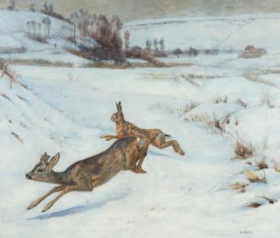 ÉDOUARD PAUL MÉRITE (1867 - 1941) Brocard et lièvre dans la neige
Huile sur toile...