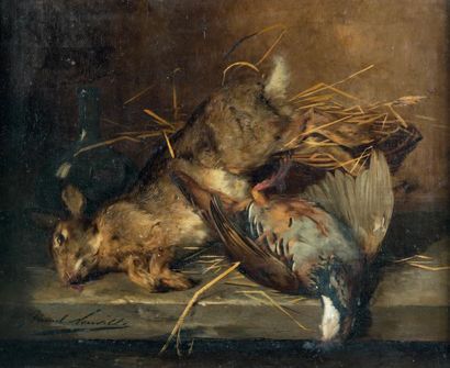 Alfred BRUNEL de NEUVILLE (1852 - 1941) Nature morte au lapin et perdrix rouge
Huile...