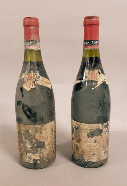 null 2 bouteilles VOSNE-ROMANEE «Les Beaumonts», J. Drouhin 1985 (ét. en lambeaux,...