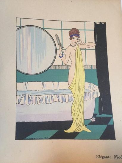MAGGY MONIER Élégante Moderne, vers 1920. Gravure aquarellée au pochoir de la série...