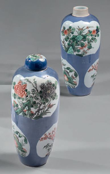 CHINE Paire de vases ovoïde dont un couvert à fond bleu poudré, décorés dans des...