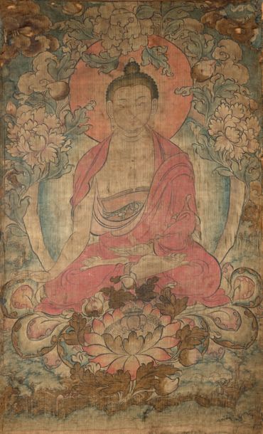 CHINE Tangka, détrempe sur toile, bouddha assis en padmasana près d'une fleur de...