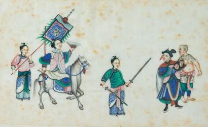 CHINE, CANTON Ensemble de dix gouaches sur papier de riz, à décor de scènes de cavaliers,...