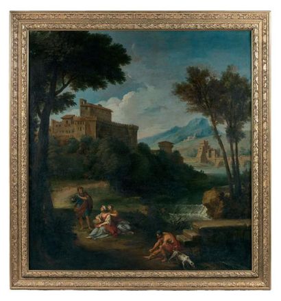 Louis de BOULLOGNE (Paris 1654 - 1733) Personnages au bord d'un fleuve, dans un paysage...