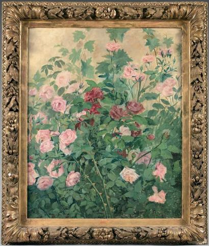 Ecole FRANCAISE de la fin du XIXème siècle 
Rosier en fleurs
Sur sa toile d'origine....