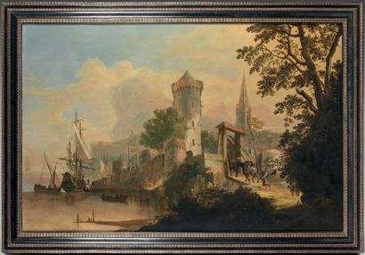 Attribué à Adriaen van DIEST (1655 - 1704) Vue d'un port fortifié Toile. Restaurations...