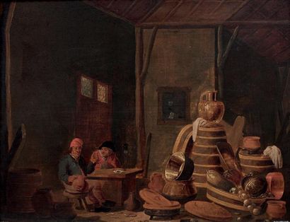 Jan SPANJAERT (Amsterdam 1590 - 1664) 
Intérieur aux joueurs de cartes
Panneau de...