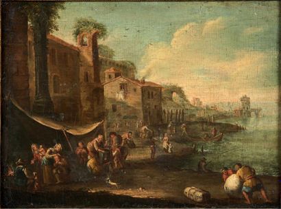 * Ecole ITALIENNE du XVIIIème siècle 
*• Un débarcadère
Scène de campement
Paire...