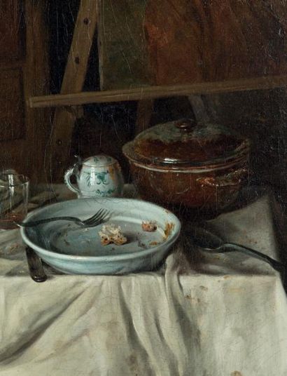André BOUYS (Hyères 1656 - Paris 1740) 
Le déjeuner du peintre
Toile
50 x 61 cm
...
