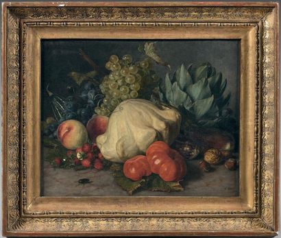 Georg BRUNNER (Darmstadt 1804 - 1882) 
Pâtisson, artichaut et fruits sur un entablement
Toile....