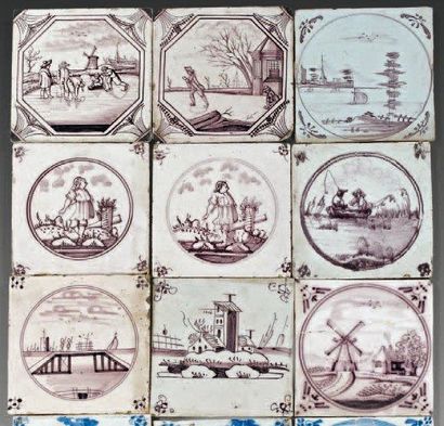 DELFT. Neuf carreaux, décor en manganèse de paysages et de personnages XVIIIème siècle...