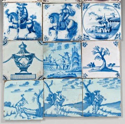 DELFT. Neuf carreaux, décor en camaïeu bleu de cavaliers, de métiers et de paysages...