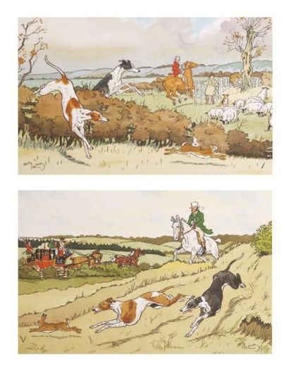 Harry ELIOTT Chasse aux lévriers Deux pochoirs en couleur Dim. 32,5 x 44 cm