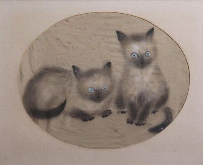 PINCHON attribué à Les deux chatons Peinture sur soie Dim. 24 x 30 cm