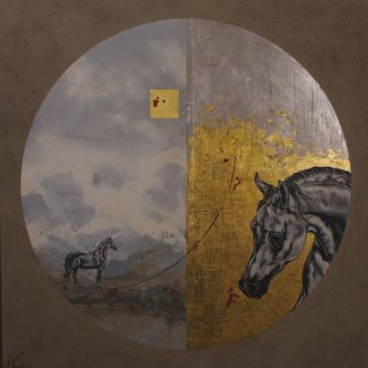 Arnaud VANNIER Chaval arabe Importante huile sur toile Dim. 120 x 120 cm