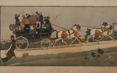 Cecil ALDIN The Oxford Coach Gravure en couleur encadrée Dim. 47 x 86 cm