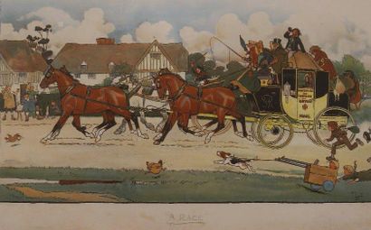 Cecil ALDIN A Race Grande gravure en couleur encadrée Dim. 56 x 91 cm