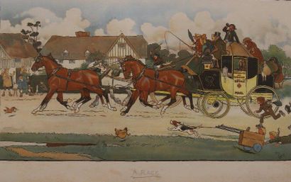 Cecil ALDIN Hunting Gravure en couleur encadrée Dim. 31 x 39 cm (déchirure)