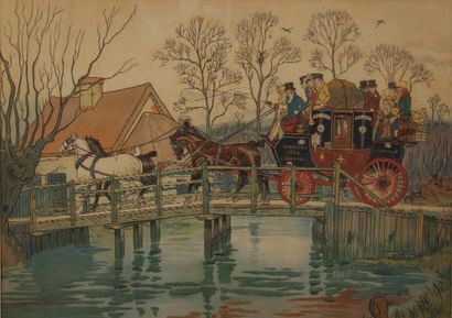 Harry ELIOTT Diligence sur le pont Pochoir en couleur encadré Dim. 36 x 50 cm