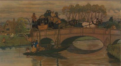 Harry ELIOTT Diligence sur le pont et pêcheur Gravure en couleur encadrée Dim. 28...