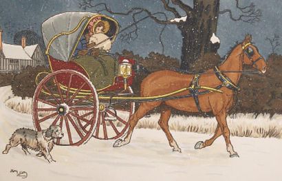Harry ELIOTT Attelage sous la neige Pochoir en couleur Dim. 32 x 44 cm