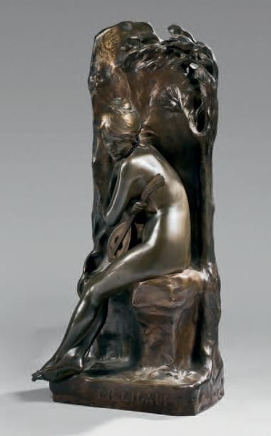 PICAULT Émile-Louis (1833 - 1915) «La cigale». Épreuve en bronze à patine brune nuancée,...