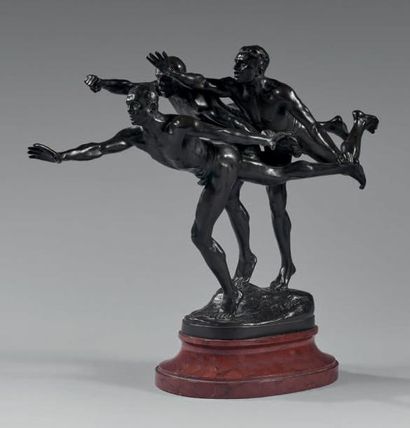 BOUCHER Alfred (1850 - 1934) «Au but». Épreuve en bronze à patine noire nuancée,...
