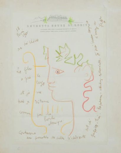 Jean COCTEAU (1889 - 1963) Profil d'Orphée à la lyre, 1960
Dessin aux crayons de...
