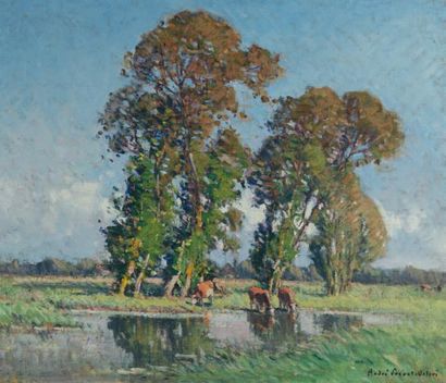 André PRÉVOT-VALERI (1890 - 1959) Troupeau à la rivière
Huile sur toile, signée en...