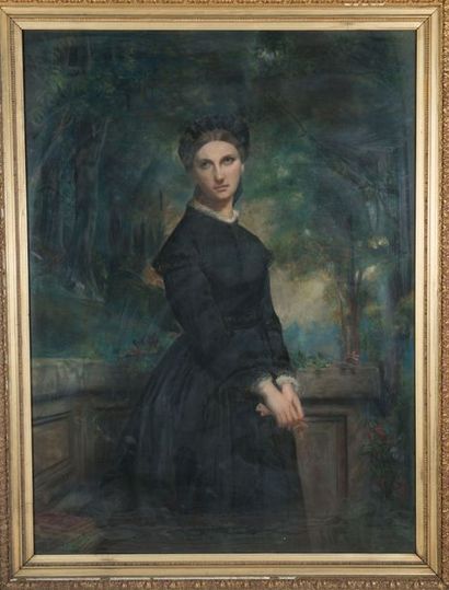  Ecole Française du XIXème siècle Portrait de femme dans un parc Pastel 156 x 116...