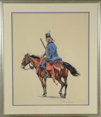 null Dessin aquarellé par P. Benigni (1878/1956) : Hussard de Rougrave, 1747, en...