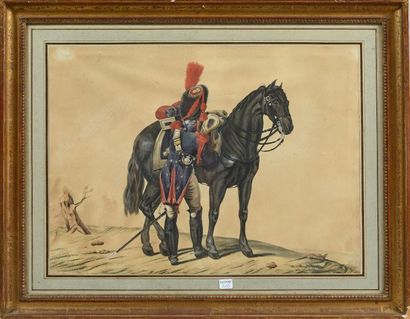 null H. V. Mangoldi ou Mangoldt : Grenadier à cheval de la garde royale sellant son...