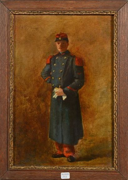 null Portrait d'un militaire en pied, en capote, huile sur toile datée à droite :...