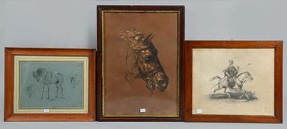 null Un dessin à la mine de plomb sur papier bleu : Étude de chevaux ; 23 x 31 cm ;...