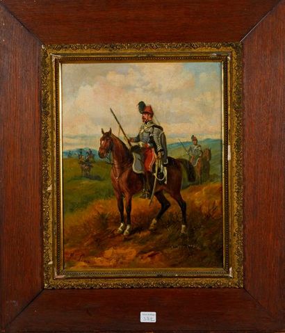 null Huile sur toile : Portrait d’un chasseur à cheval en reconnaissance, au fond...