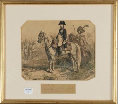 null Auguste Raffet, lithographie : Napoléon à cheval avec son état-major, passant...