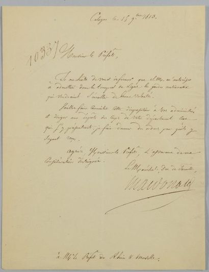 null Mac Donald Alexandre : Lettre signée et datée de Cologne, le 15 mars 1813, au...