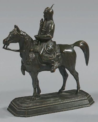 Barye (1796/1875), d'après Petit bronze équestre, patiné: Cavalier du Caucase ou...