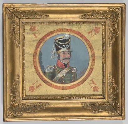 null Grande miniature ronde sur vélin: Portrait d'un colonel du 16e régiment de chasseurs...