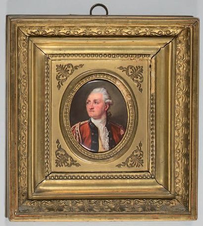 null Miniature ovale sur cuivre émaillé: Portrait d'un officier du XVIIIe, peut-être...