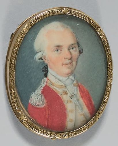 null Miniature ovale sur ivoire: Portrait d'un officier en habit rouge, plastron...