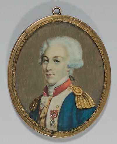 null Miniature ovale sur ivoire: Portrait du général Lafayette; cadre ovale en laiton...
