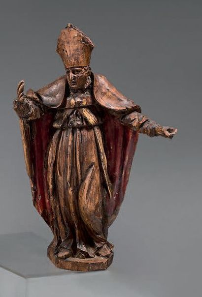 null Saint évêque baroque, en bois sculpté en ronde-bosse, trace de polychromie et...