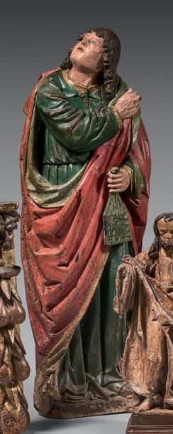 null Grande figure de Saint Jean au pied de la Croix en chêne sculpté polychrome...