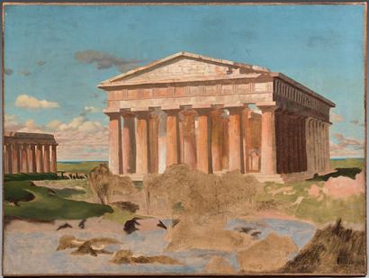 Ecole FRANÇAISE vers 1860 
Troupeau de buffles devant Paestum
Toile, inachevée. Sans...